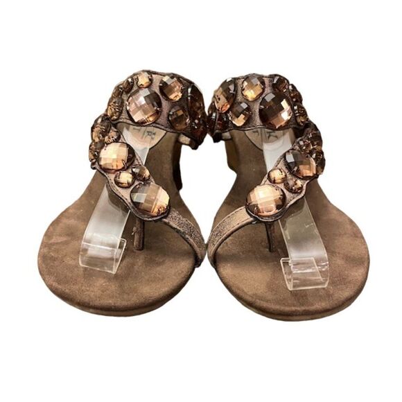 New York Transit Jeweled Wedge Sandals Bronze Slip On Toe Strap Size 7 - Picture 3 of 11